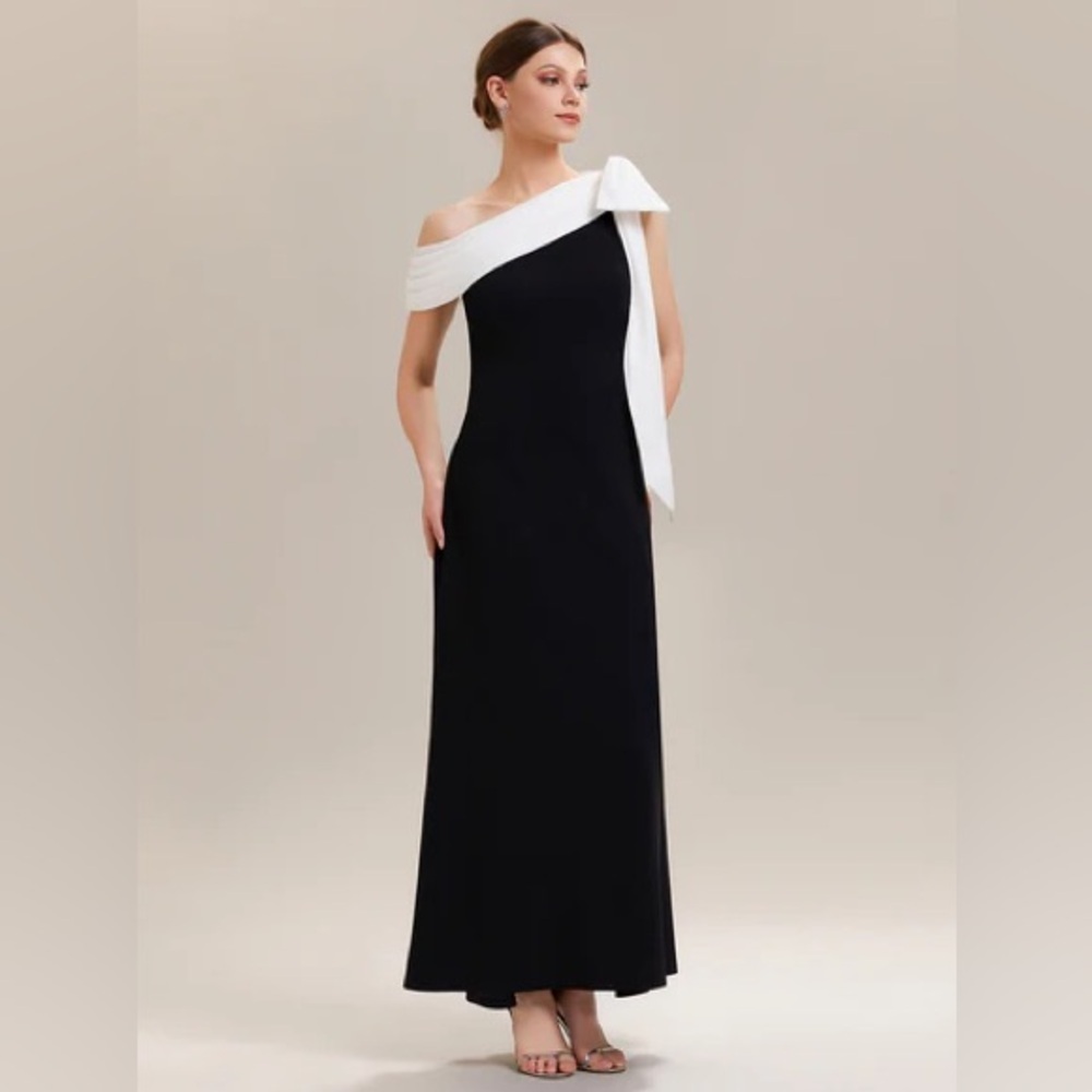🆕Asymmetric Shoulder with Bow Knit Black Tie Formal Dress